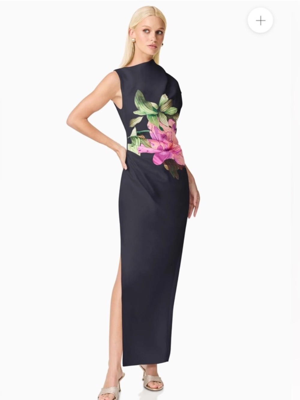 elliatt azelie black & pink floral asymmetrical satin draped gown dress XS NEW - Picture 4 of 13